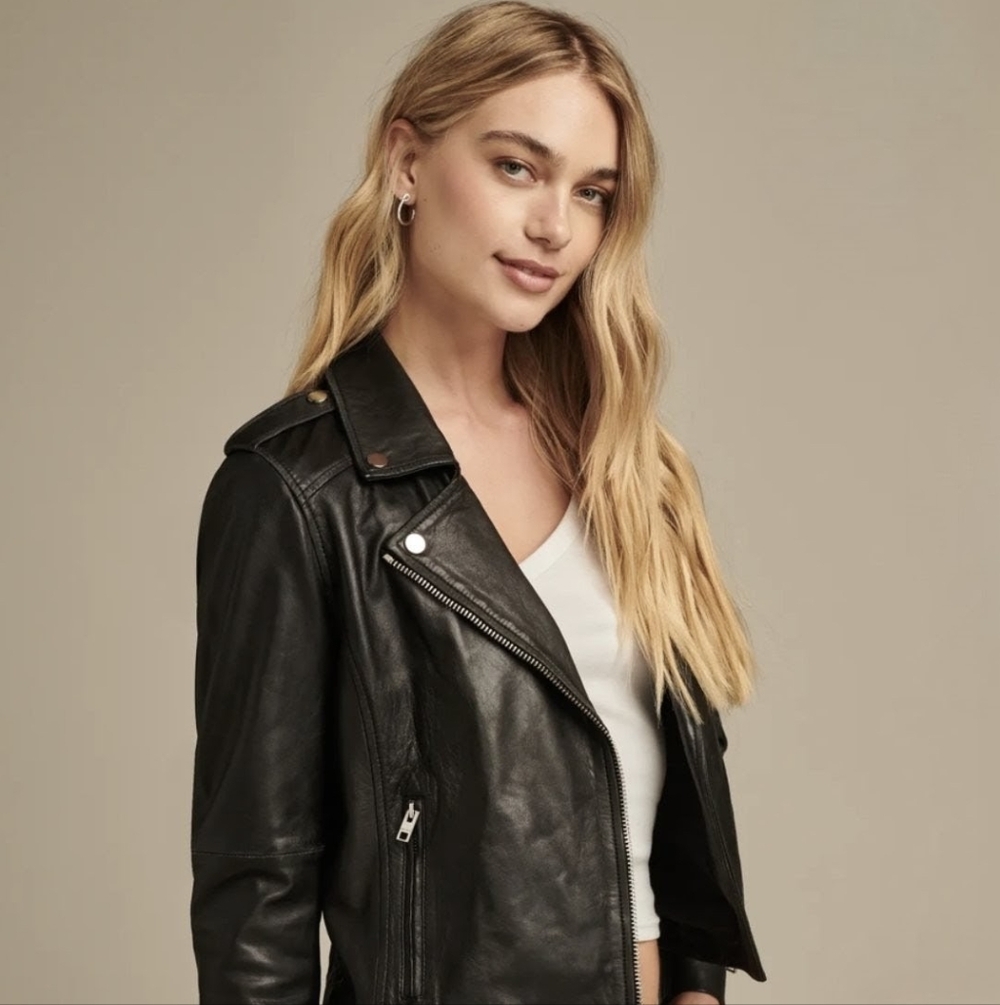 Lucky Brand Lamb Leather Classic Full Zip Moto Jacket Size XS Black EUC - Picture 3 of 8